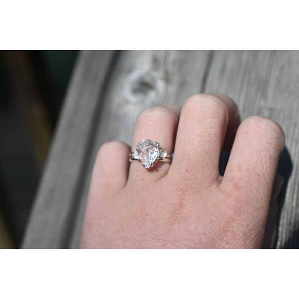 Three Stone Raw Diamond Engagement Ring, Rough Diamond Wedding Band, Unique Ster